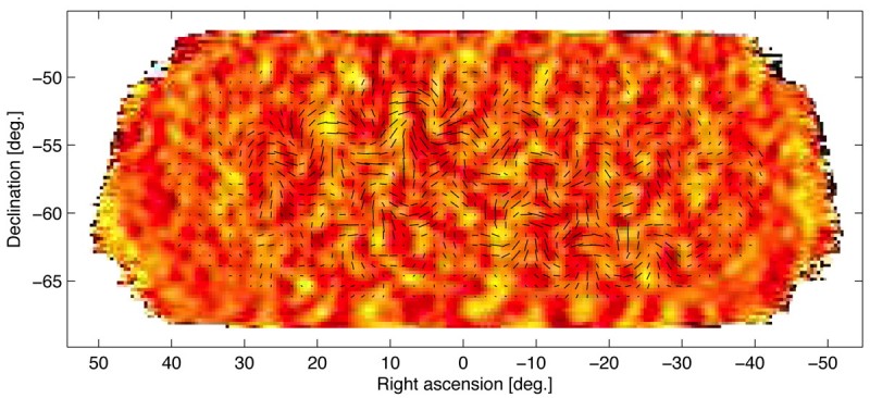 A diferença de cores no gráfico acima retrata a variação da temperatura na radiação cósmica de fundo, variação que acompanha flutuações na densidade da matéria nos primórdios do universo. As linhas pretas refletem a polarização B-mode, ou seja, um enrolamento da orientação, ou polarização, da luz. Suspeita-se que as ondas gravitacionais sejam responsáveis pelo padrão B-mode de polarização observado pelo experimento BICEP2. Crédito: BICEP2 Collaboration