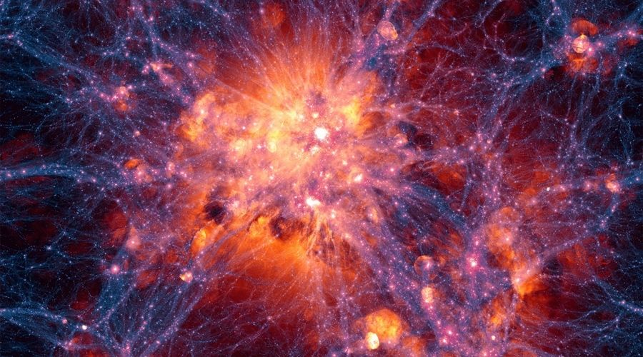 Aglomerado de galáxias surge em meio a uma imensa rede de matéria escura. Novo modelo de evolução do cosmos foi capaz de representar muitas das estruturas observadas pela astronomia moderna e propostas pela cosmologia. Crédito: Illustris Collaboration