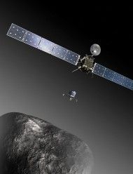 Impressão artística do momento em que a sonda Rosetta lança o aterrissador Philae na direção do cometa P67. Crédito: ESA–C. Carreau/ATG medialab