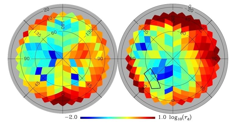 O novo mapa da poeira galáctica (acima) revelado pelo Planck abrange todo o  céu, identificando regiões de alta (em vermelho) e baixa (em azul) concentração de poeira. Como é possível visualizar, a região investigada pelo experimento BICEP2 (área retangular) não se encontra entre as de menor concentração de poeira. À esquerda, vê-se o hemisfério galáctico norte; à direita, o sul. Crédito: Adam, R. et al. (2014)