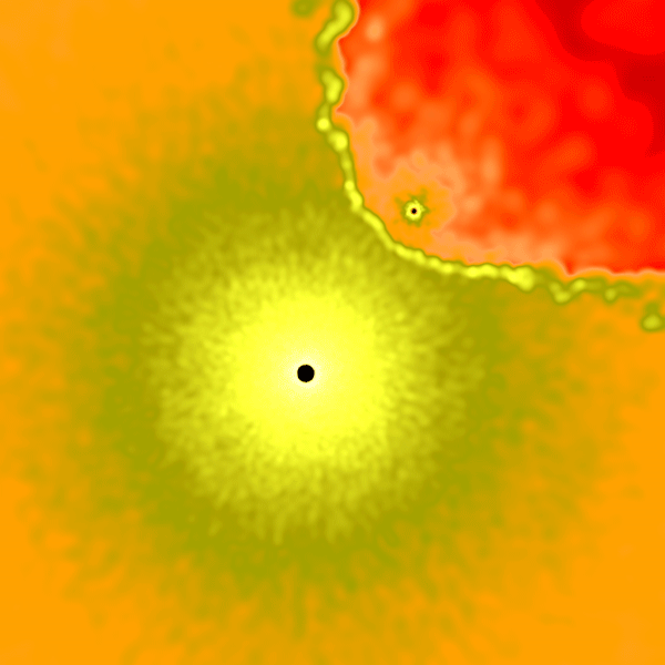 Na simulação feita pela equipe de pesquisadores, as estrelas são representadas por pequenos pontos pretos. Cores mais escuras indicam menor densidade de gás no vento estelar. No periastro, o vento da estrela menor forma uma cavidade no vento mais denso da estrela primária. Crédito: Goddard Space Flight Center/T. Madura