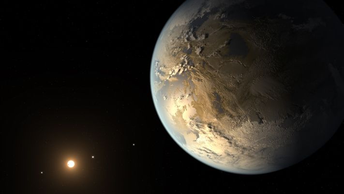 Concepção artística do Kepler-186f, o primeiro exoplaneta do tamanho da Terra descoberto na zona habitável da órbita de uma estrela. Crédito: NASA Ames/SETI Institute/JPL-Caltech