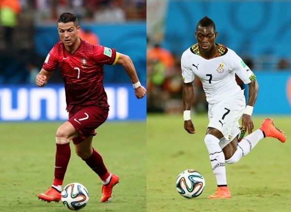 Os "sete": Cristiano Ronaldo, à esquerda, até tentou levar Portugal a uma grande vitória nesta quinta-feira, mas Christian Atsu, à direita, e a seleção de Gana aplacaram as lusitanas chances de avançar para a próxima rodada. (Foto: Getty)