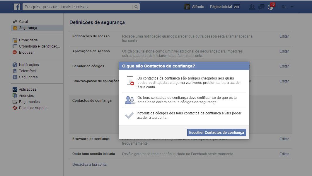 facebook contactos de confiança contactos de segurança, Definições de Segurança, facebook, segurança TecheNet Facebook contactos e confiança