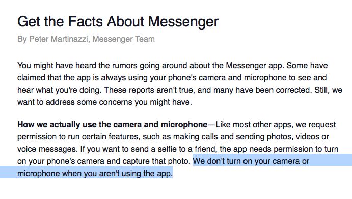 “Nós não ligamos a câmera ou o microfone quando você não está utilizando a app”, é possível ler na publicação de Peter Martinazzi, responsável pela equipa que trata do Facebook Messenger.