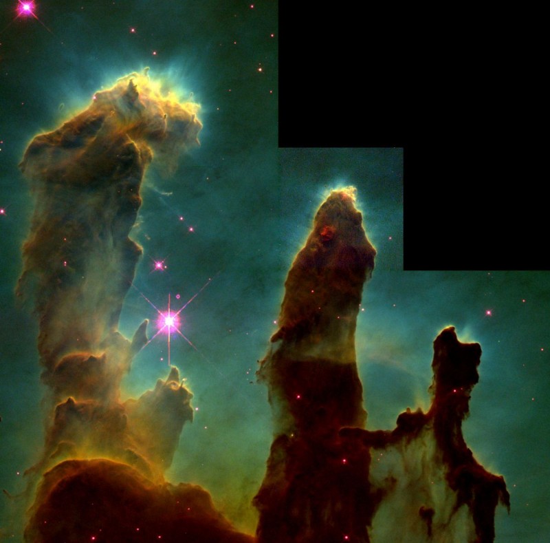 Imagem dos Pilares da Criação obtida em 1995. Crédito: Jeff Hester/Paul Scowen/NASA/ESA