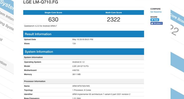 LGQ7geekbench gama média, geekbench, LG, LG Q7, smartphone Android, teste performance TecheNet Lg q7 geekbench