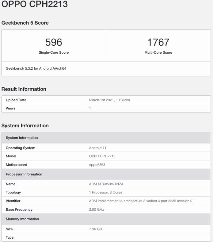 OPPOF19ProPlusGeekbench gama-média, MediaTek, Notícias, oppo, OPPO F19 Pro Plus, Portugal, smartphone 5G, tecnologia TecheNet Oppo f19 pro plus geekbench