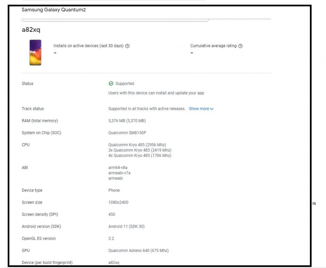Samsung Galaxy A82 Google Play Console