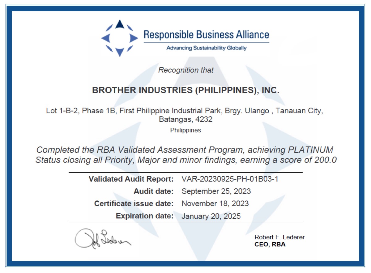 Brother Filipinas recebe Certificação Platinum da RBA