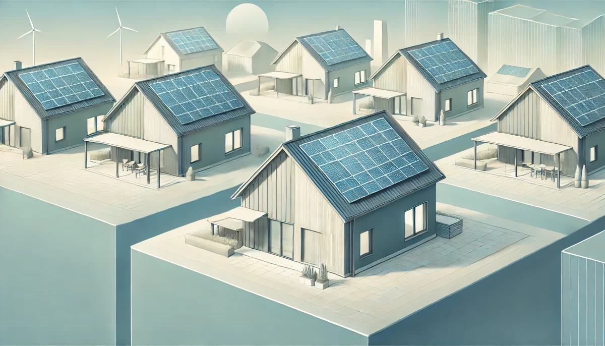 DALL·E 2024 11 03 09.40.36 A clean and simple conceptual vector image depicting solar panels installed on the roofs of modern houses. The houses are illustrated in a minimalisti TecheNet Otovo imagem conceptual, criada por ia, de painéis solares residenciais