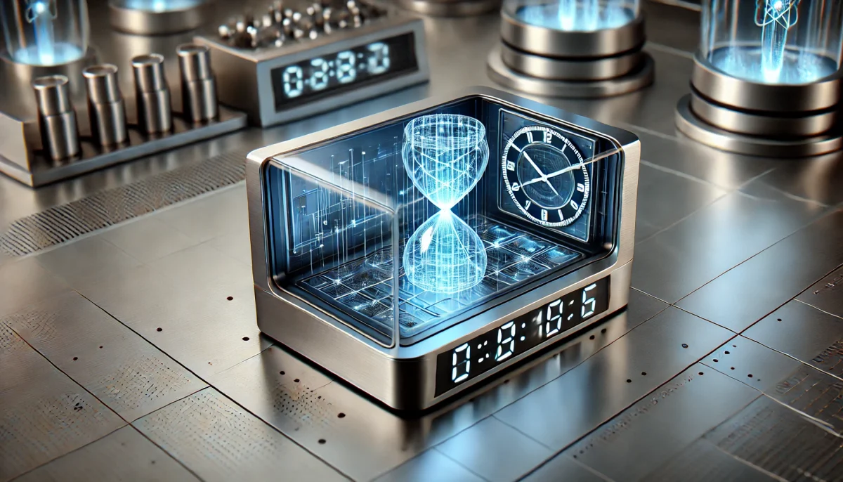 DALL·E 2025 01 06 15.00.38 A conceptual illustration of a rectangular atomic clock based on quantum technology. The design features a sleek futuristic casing with glowing blue TecheNet Reino unido desenvolve relógio atómico quântico para reforçar defesa militar