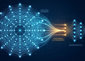 Ilustração da destilação de llm com modelo professor e modelo aluno, representando o acesso à inteligência artificial