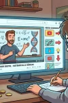 Ilustração em estilo cartoon de um jovem que utiliza o youtube como ferramenta educativa para estudar matemática e ciências, com um mealheiro que sinaliza a redução de despesas das famílias portuguesas.