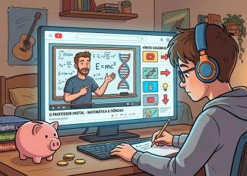 Ilustração em estilo cartoon de um jovem que utiliza o youtube como ferramenta educativa para estudar matemática e ciências, com um mealheiro que sinaliza a redução de despesas das famílias portuguesas.