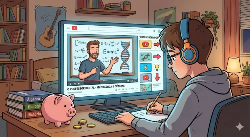Cartoon Editorial A Sala de Aula Digital ensino, estudo, plataforma de vídeos, YouTube como ferramenta educativa TecheNet Ilustração em estilo cartoon de um jovem que utiliza o youtube como ferramenta educativa para estudar matemática e ciências, com um mealheiro que sinaliza a redução de despesas das famílias portuguesas.