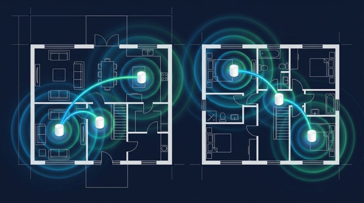 Sistema Mesh Wi Fi Cobertura Wi-Fi doméstica, Sistema Mesh Wi-Fi TecheNet Sistema mesh wi-fi com três nós a cobrir uma moradia de dois pisos