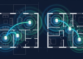 Sistema Mesh Wi Fi Cobertura Wi-Fi doméstica, Sistema Mesh Wi-Fi TecheNet Sistema mesh wi-fi com três nós a cobrir uma moradia de dois pisos