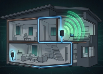 Adaptadores powerline a transmitir sinal de internet através da rede elétrica numa habitação com paredes densas