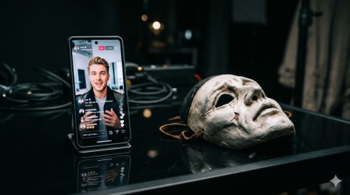 selo criador de ia falta de transparencia Selo Criador de IA TecheNet Telemóvel exibe retrato falso ao lado de máscara teatral para ilustrar a falta de transparência do selo criador de ia na rede social da meta.
