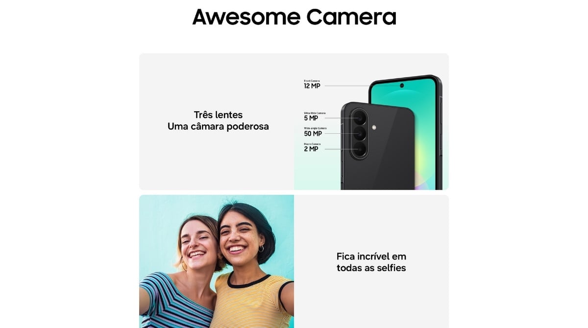 Samsung Galaxy A27 5G camara Galaxy A27 5G, smartphone samsung TecheNet Sensor de 50 megapíxeis lidera o conjunto de câmaras traseiras