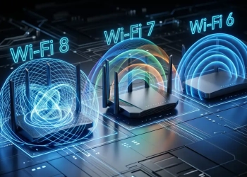 Wi Fi 8 Wi Fi 7 Wi Fi 6 TecheNet Ilustração conceptual de três gerações de routers sem fios a representar wi-fi 6, wi-fi 7 e wi-fi 8