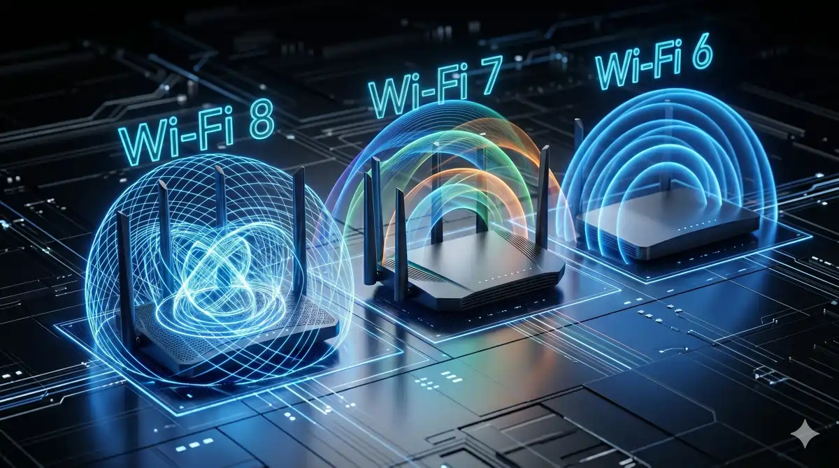 Wi Fi 8 Wi Fi 7 Wi Fi 6 TecheNet Ilustração conceptual de três gerações de routers sem fios a representar wi-fi 6, wi-fi 7 e wi-fi 8