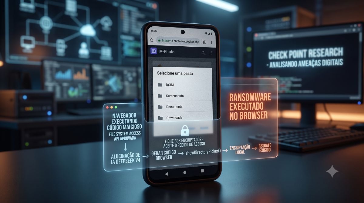 ransomware executado no browser alucinação de inteligência artificial, ameaças cibernéticas em Android, Check Point Research, File System Access API, ransomware executado no browser, segurança em browsers Chromium TecheNet A check point research identificou um novo método de ransomware executado no browser
