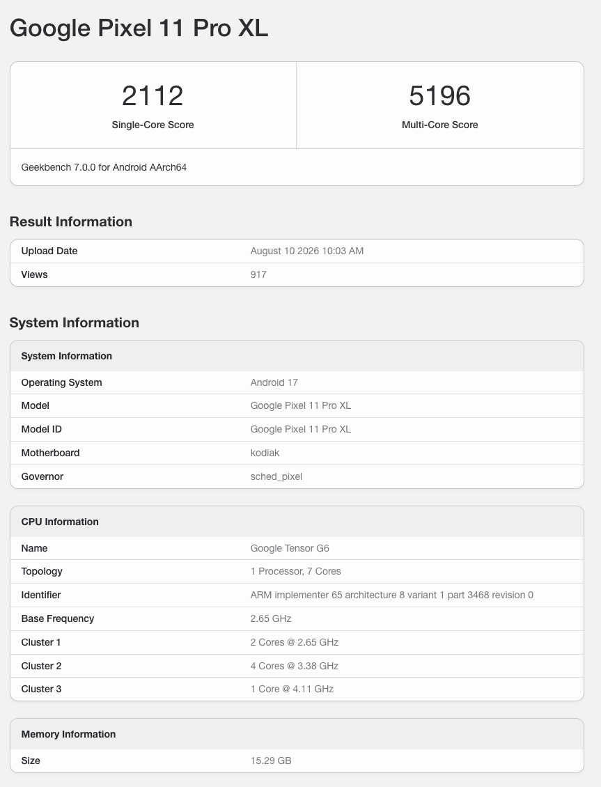 image 7 geekbench, google, Google Pixel 11, Pixel 11, Pixel 11 Pro XL TecheNet Image 7 geekbench, google, google pixel 11, pixel 11, pixel 11 pro xl