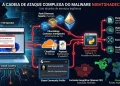 Um infográfico detalhado e visual que explica a cadeia de ataque do malware nightshadec2. No topo, o título diz "a cadeia de ataque complexa do malware nightshadec2" com o subtítulo "uso abusivo de serviços legítimos". O diagrama flui da esquerda para a direita. À esquerda, um "tag-150 operator" mascarado monitora um laptop. O laptop exibe um site wordpress comprometido com um pop-up "vetor inicial: clickfix" que tenta induzir o usuário a executar um comando powershell sob o pretexto de uma "security verification". Setas vermelhas saem do laptop para o meio, onde mostram a infraestrutura abusada: a rede ethereum sepolia (testnet) para "etherhiding: contratos inteligentes (informações de c2)", cloudflare r2 storage e um arquivo de payload do nightshadec2 em python, e um steam community profile com dados ocultos. Essas fontes de dados convergem para o "nightshadec2 (castlerat)", um payload python com persistência no windows. À direita, ícones listam as capacidades do malware ativado: persistência, vigilância (keylogger), execução remota e roubo de dados (cookies, senhas). Na parte inferior, mapas mundiais destacam a "exclusão geográfica (idiomas cei)" em vermelho com um 'x', e os "alvos: países anglófonos" em verde com miras.