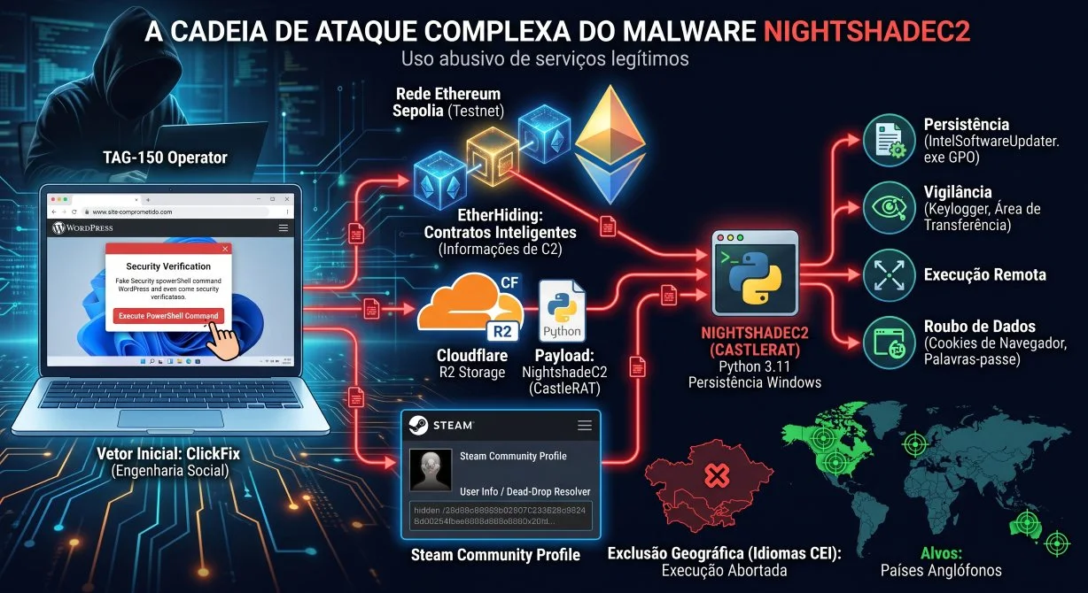 Cadeia de Ataque Complexa do Malware NightshadeC2 malware Windows, NightshadeC2, WatchGuard Threat Lab TecheNet Um infográfico detalhado e visual que explica a cadeia de ataque do malware nightshadec2. No topo, o título diz "a cadeia de ataque complexa do malware nightshadec2" com o subtítulo "uso abusivo de serviços legítimos". O diagrama flui da esquerda para a direita. À esquerda, um "tag-150 operator" mascarado monitora um laptop. O laptop exibe um site wordpress comprometido com um pop-up "vetor inicial: clickfix" que tenta induzir o usuário a executar um comando powershell sob o pretexto de uma "security verification". Setas vermelhas saem do laptop para o meio, onde mostram a infraestrutura abusada: a rede ethereum sepolia (testnet) para "etherhiding: contratos inteligentes (informações de c2)", cloudflare r2 storage e um arquivo de payload do nightshadec2 em python, e um steam community profile com dados ocultos. Essas fontes de dados convergem para o "nightshadec2 (castlerat)", um payload python com persistência no windows. À direita, ícones listam as capacidades do malware ativado: persistência, vigilância (keylogger), execução remota e roubo de dados (cookies, senhas). Na parte inferior, mapas mundiais destacam a "exclusão geográfica (idiomas cei)" em vermelho com um 'x', e os "alvos: países anglófonos" em verde com miras.