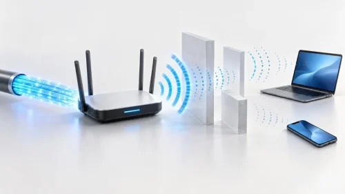 Fibra rapida Wi‑Fi mais lento wi-fi, Wi-Fi não atinge 1 Gbps TecheNet Wi-fi não atinge 1 gbps: o router recebe ligação de alta velocidade, mas o sinal wi-fi perde intensidade ao atravessar obstáculos até aos dispositivos