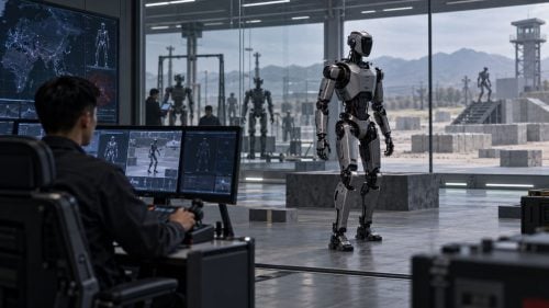 Prototipo de robot humanoide em avaliacao remota china, missões militares, robôs humanoides TecheNet Operador testa robôs humanoides para missões militares num centro de investigação.