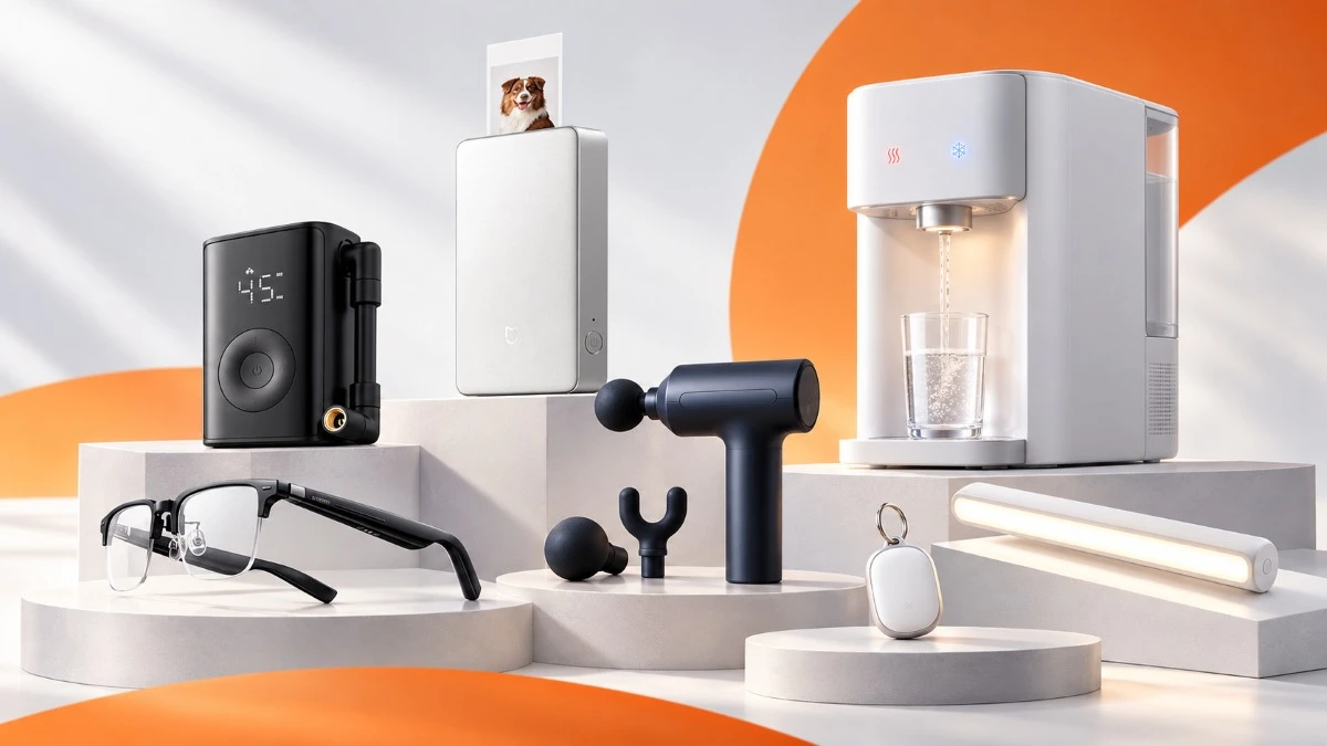 Sete gadgets Xiaomi gadgets xiaomi, Mijia Compact Portable Electric Air Compressor, Xiaomi Magnetic Reading Light Bar, Xiaomi Massage Gun 2, Xiaomi Portable Photo Printer Pro, Xiaomi Smart Audio Glasses, Xiaomi Smart Water Dispenser, Xiaomi Tag TecheNet 7 gadgets xiaomi que talvez não conheça