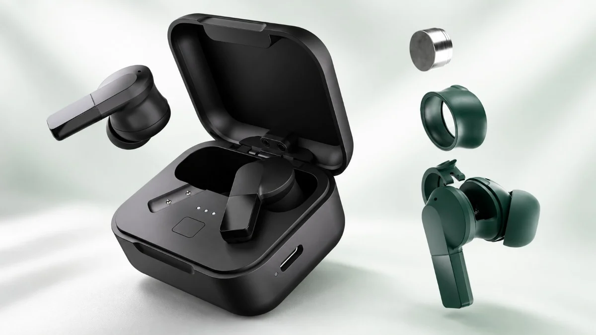 Auriculares Fairbuds 2 pretos e componentes verdes desmontados auriculares sem fios, Fairbuds 2, Fairphone TecheNet Fairbuds 2 chegam com 40 horas de autonomia por 119 euros