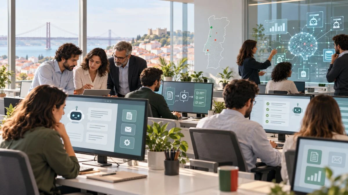 Escritorio Portugues com IA Colaborativa IA nas empresas portuguesas TecheNet Utilização de ia nas empresas portuguesas e integração da tecnologia nos processos empresariais.