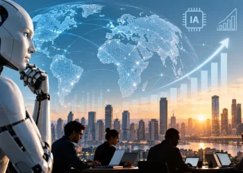 Representação conceptual do impacto económico da ia, com trabalhadores, inteligência artificial e elementos que simbolizam o crescimento da economia mundial.