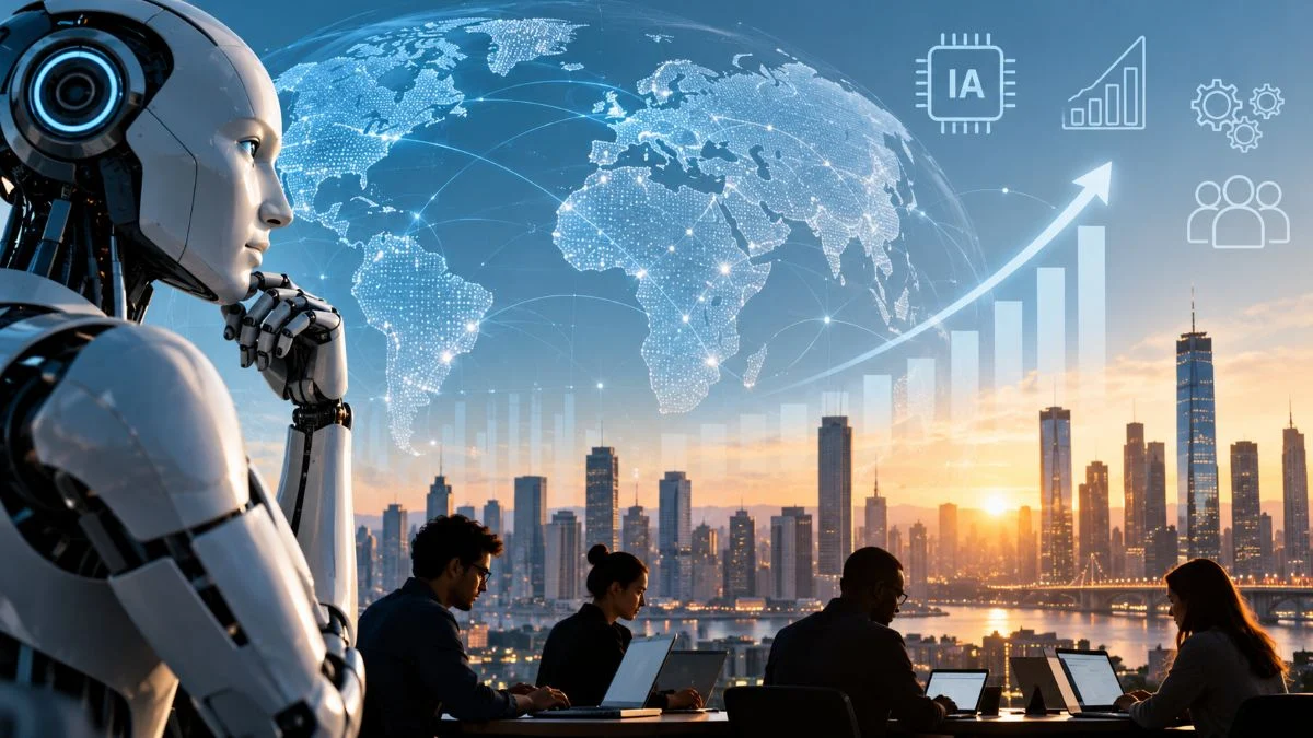 IA Global e Negocios na Cidade Futurista crescimento económico, impacto da IA no emprego, impacto económico da IA TecheNet Representação conceptual do impacto económico da ia, com trabalhadores, inteligência artificial e elementos que simbolizam o crescimento da economia mundial.