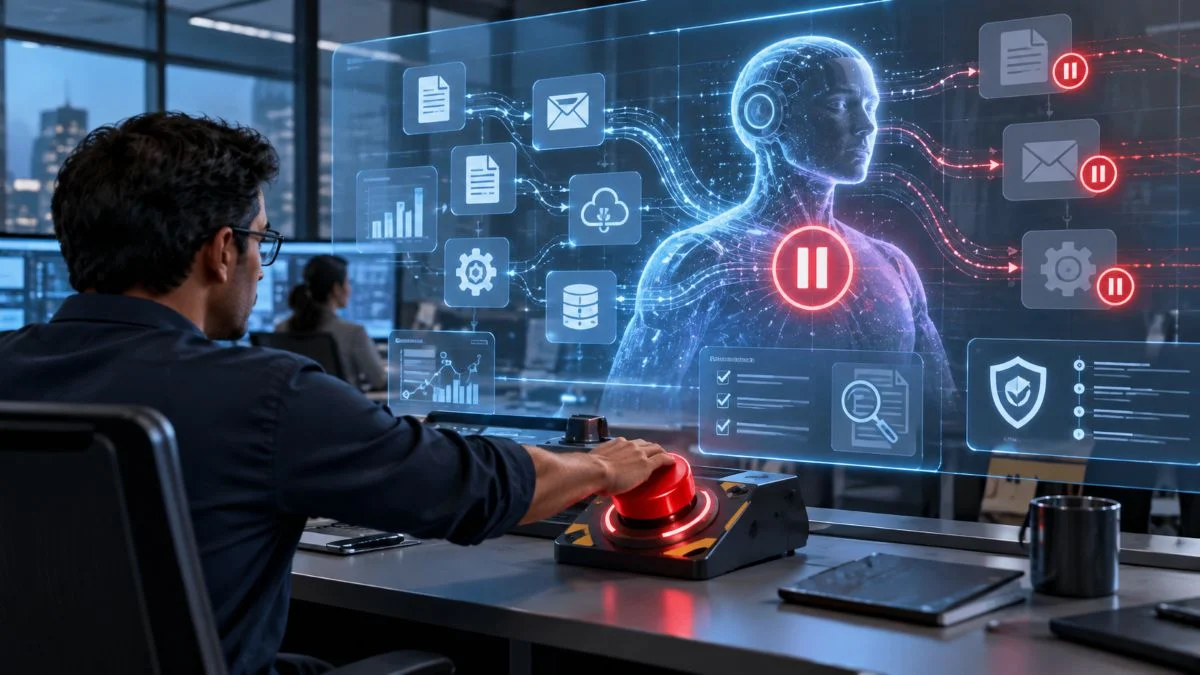 Operador pausa sistema de IA agentes de IA, controlo humano, microsoft, Satya Nadella, segurança da inteligência artificial, travão de emergência para IA, zero trust TecheNet Satya nadella pede "travão de emergência" para ia avançada